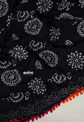 Nightfall Black - Pure Mul Cotton Saree with Floral Prints with Pompom - Perfect for Office Wear | Casual Wear