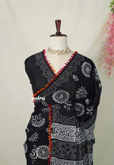 Nightfall Black - Pure Mul Cotton Saree with Floral Prints with Pompom - Perfect for Office Wear | Casual Wear