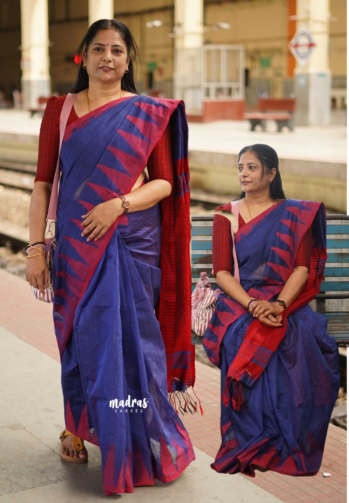Maheswari - Temple border MS Blue Cotton silk - Madras Sarees