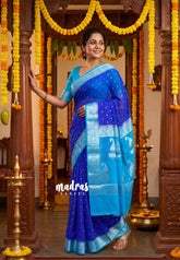 MS Amma Blue - Durga - Banarasi Crepe Georgette Silk with Floral Border and Buttas - Perfect for Wedding Functions