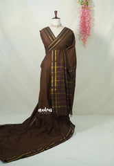 Dark Chocolate Brown - Vintage Gadwal silk cotton with Muthu kattam check body Traditional Border - Best for Temple Visit