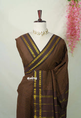 Dark Chocolate Brown - Vintage Gadwal silk cotton with Muthu kattam check body Traditional Border - Best for Temple Visit