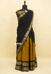 Honey mustard with Black - Karthigai Silk Cotton Pavadai Thavani / Half saree Set - Unstitched - Devasena