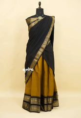 Honey mustard with Black - Karthigai Silk Cotton Pavadai Thavani / Half saree Set - Unstitched - Devasena