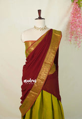 Dual Shade Mehndi Green - Karthigai Silk Cotton Pavadai Thavani / Half saree Set - Unstitched - Devasena