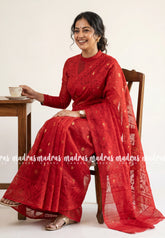 Cherry Red - Thilothama - Premium Lightweight Coton Silk Dhakai Jamdani Weaving - Perfect for Evening Functions | Hightea Party