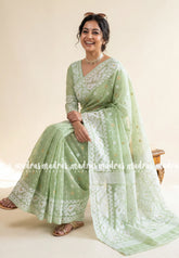 Celdon Green - Thilothama - Premium Lightweight Coton Silk Dhakai Jamdani Weaving - Perfect for Evening Functions | Hightea Party