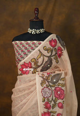 Sandalwood Beige - Divine Lotus Linen Cotton Saree with Mirror work - Best for Office Wear