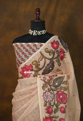 Sandalwood Beige - Divine Lotus Linen Cotton Saree with Mirror work - Best for Office Wear