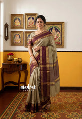 Taupe Grey-Flower Border - Sico Gadwal Semi Silk Checks with Rettapet Flower Border - Best for Wedding Functions