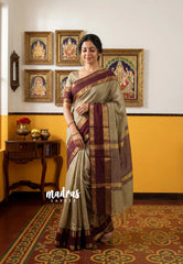 Taupe Grey-Flower Border - Sico Gadwal Semi Silk Checks with Rettapet Flower Border - Best for Wedding Functions