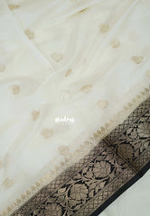 Ivory White - Durga - Banarasi Soft Katan Silk with Floral Border - Best for Festive Wear