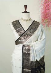 Ivory White - Durga - Banarasi Soft Katan Silk with Floral Border - Best for Festive Wear