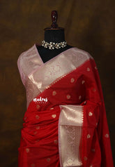Classic Rich Red with peach border - Durga - Banarasi Soft Katan Silk - Best for small functions