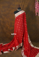 Classic Rich Red with peach border - Durga - Banarasi Soft Katan Silk - Best for small functions