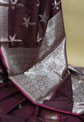 Deep Wine Plum - Durga - Banarasi Soft Katan Silk Silver Zari Border - Best for Function Wear