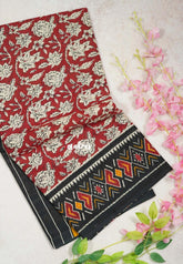 Dark Red-D2 - Fine Quality Pure Cotton Saree Kalamkari Body Patola Ikkat Border and Pallu - Perfect for Regular Wear | Casual Wear | Summer Wear