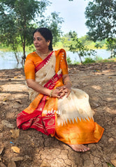 (PRE-BOOKING) Ivory Pearl - Anugraha - Premium Printed Silk with Ganga Jamuna Temple Border and Kattam body - Perfect for divine prayers, temple visits & small functions