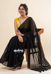 Midnight Black - Soft Mul Cotton Saree with Gini work and Double Blouse Combo - Best for Summer | Casual Wear