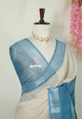 Sandal Beige with Peacock Blue - Linen Cotton Saree with Gradient with Tissue Border and Handmade Bandhani Pallu - Perfect for Office Wear | Summer wear | Casual Wear