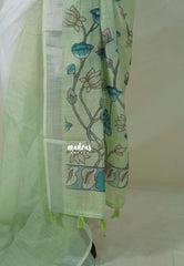 White with Pista Green - Linen Cotton Saree with Gradient with Tissue Border and Kalamkari Pallu - Perfect for Office Wear | Summer wear | Casual Wear