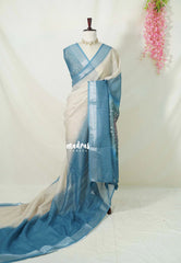 Sandal Beige with Peacock Blue - Linen Cotton Saree with Gradient with Tissue Border and Handmade Bandhani Pallu - Perfect for Office Wear | Summer wear | Casual Wear