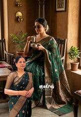 Midnight Emerald Green - Soft Organza Silk with Zari Weaving with Banarasi Antique Border - Best for wedding reception