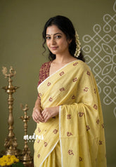 Butter Yellow with Maroon - Aathini - Telugu Letters Handblock Printed Bamboo Cotton Double Blouse Combo