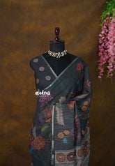 Charcoal Grey - Jasmine - Fancy Jute Cotton with Kalamkari Prints - Perfect for Office Wear