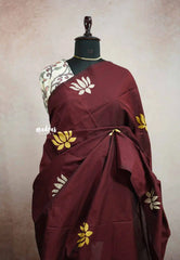 Ambigai - Lotus Handpainted south cotton with raw silk blouse combo - Maroon