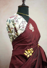 Ambigai - Lotus Handpainted south cotton with raw silk blouse combo - Maroon