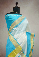 Breezy blue - Gradient Hand-Painted South Cotton Saree with raw silk blouse - vtv Trisha inspired