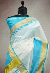 (PRE-BOOKING) Breezy blue - Gradient Hand-Painted South Cotton Saree with raw silk blouse - vtv Trisha inspired