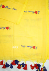 Valentine special! Soft Mul cotton I love you Embroidery saree - Yellow