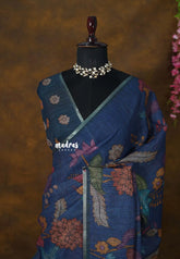Ocean Indigo Blue - Jasmine - Fancy Jute Cotton with Kalamkari Prints - Perfect for Office Wear