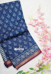 Indigo Blue with Wine Plum - Kalanjali Soft Chanderi Silk with Bagru Block Prints - Perfect for Office Wear