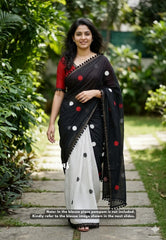 White with Black - Isha - Chanderi Cotton Saree Half and Half Design with Pompoms - Best for Casual Wear