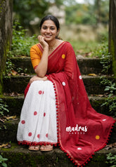 White with Cherry Red - Isha - Chanderi Cotton Saree Half and Half Design with Pompoms - Best for Casual Wear