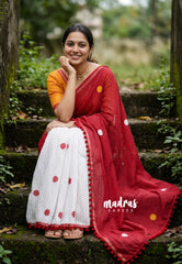 White with Cherry Red - Isha - Chanderi Cotton Saree Half and Half Design with Pompoms - Best for Casual Wear