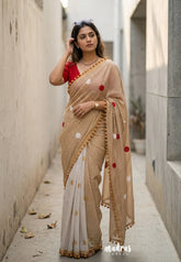 White with Sandal - Isha - Chanderi Cotton Saree Half and Half Design with Pompoms - Best for Casual Wear