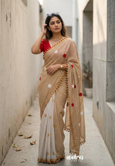 White with Sandal - Isha - Chanderi Cotton Saree Half and Half Design with Pompoms - Best for Casual Wear