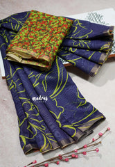 Navy Blue - Isha - Chanderi Cotton Floral Prints with Small Border