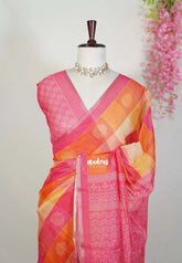 Flamingo Orange - Isha - Chanderi Silk with Paalum Pazhamum Kattam Prints - Best for Small Functions