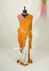 White with Yellowish Orange - Isha - Chanderi Cotton Saree Half and Half Design with Pompoms - Best for Casual Wear