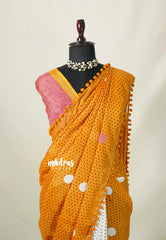 White with Yellowish Orange - Isha - Chanderi Cotton Saree Half and Half Design with Pompoms - Best for Casual Wear
