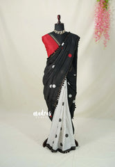 White with Black - Isha - Chanderi Cotton Saree Half and Half Design with Pompoms - Best for Casual Wear