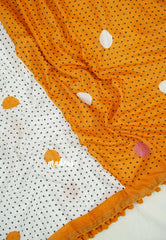 White with Yellowish Orange - Isha - Chanderi Cotton Saree Half and Half Design with Pompoms - Best for Casual Wear