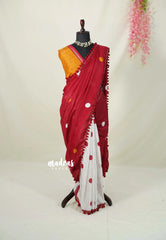 White with Cherry Red - Isha - Chanderi Cotton Saree Half and Half Design with Pompoms - Best for Casual Wear