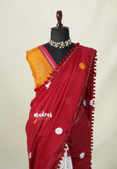 White with Cherry Red - Isha - Chanderi Cotton Saree Half and Half Design with Pompoms - Best for Casual Wear