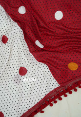 White with Cherry Red - Isha - Chanderi Cotton Saree Half and Half Design with Pompoms - Best for Casual Wear